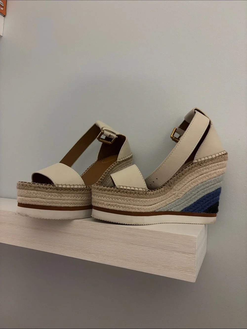 See By Chloe Cream Espadrille Platform Wedge Sandals with Blue Accent